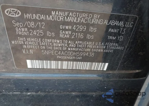 2013 Hyundai Sonata Limited из США, поврежденный, VIN 5NPEC4AC0DH599438